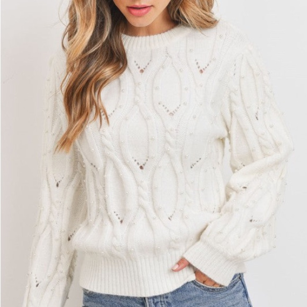 Sweet Rain “Lyndale” Ivory Oversized Cable Knit Sweater with Embellishments - Picture 2 of 4